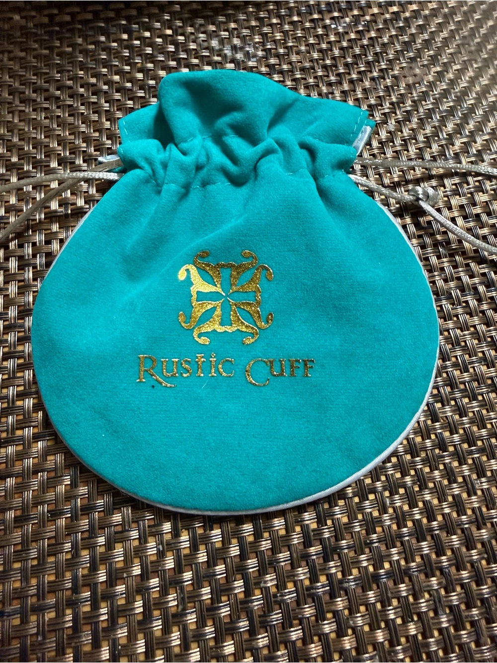 Rustic Cuff Teal Velvet Drawstring Jewelry Pouch with Gold Logo